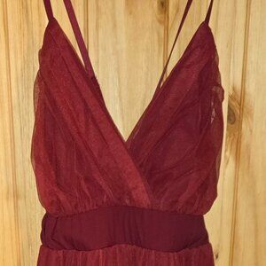 Burgundy Tulle Maxi Dress | V-Neck Spaghetti Strap | Size M